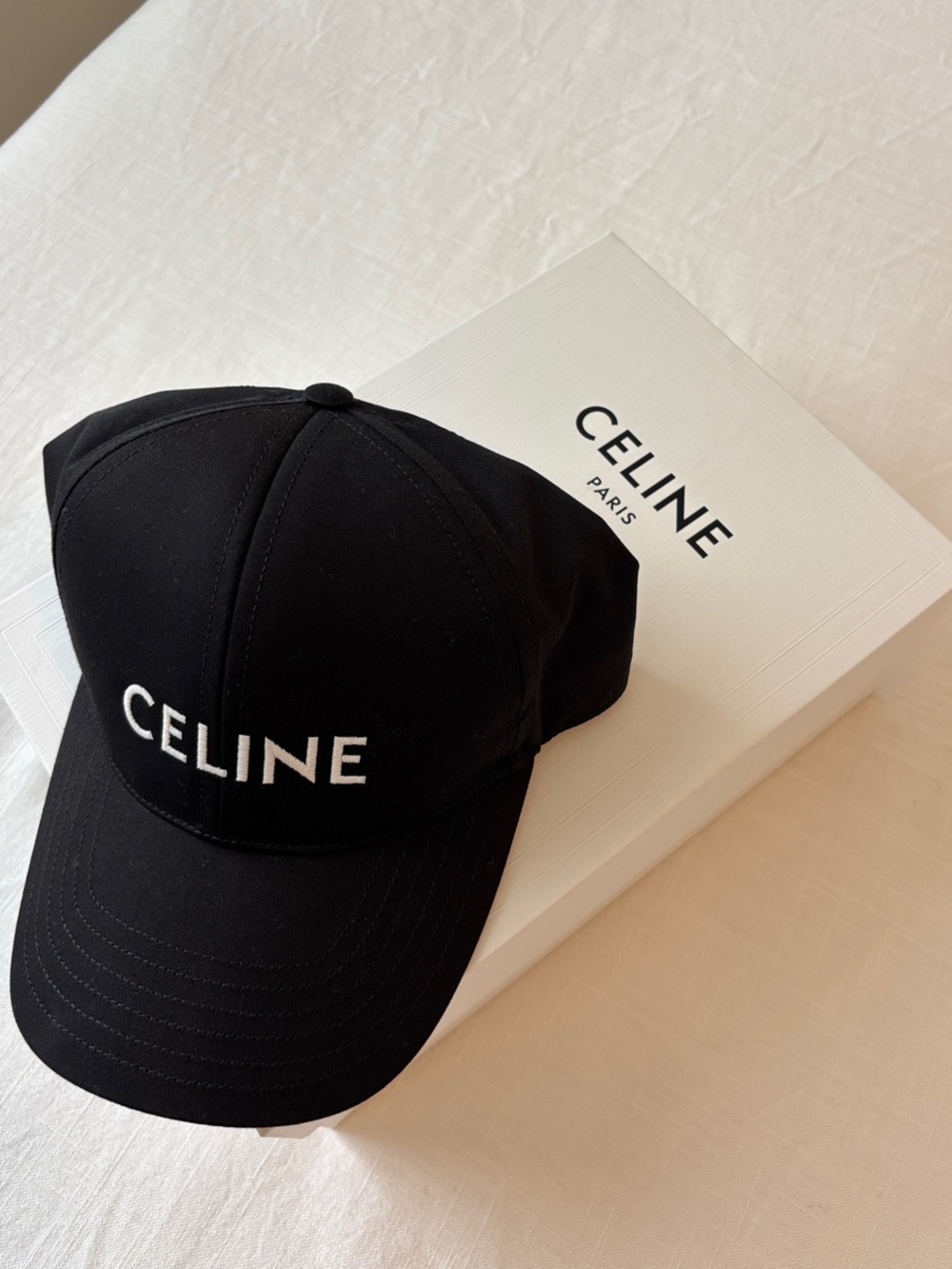 Celine Black Baseball Cap Hat with White Logo Embroidery Brand New in Box